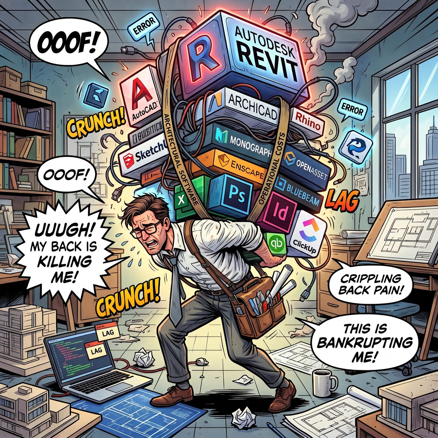 Comic illustration of an exhausted architect bent double under a towering stack of software: Revit, AutoCAD, Archicad, Rhino, SketchUp, Monograph, OpenAsset, Bluebeam, Photoshop, InDesign, Excel, QuickBooks and ClickUp. Speech bubbles say &ldquo;My back is killing me!&rdquo; and &ldquo;This is bankrupting me!&rdquo;